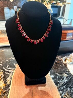 Vintage Ruby Red Rhinestone Fringe Necklace Gold Tone Dangle Statement Piece